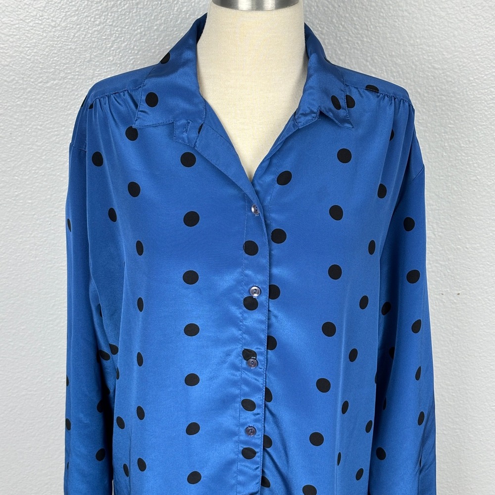 Blue Black Polka Dot Button Front Tunic Blouse Long Sleeve Roll Tab XL - Picture 3 of 12